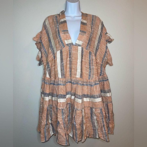 Lulus Striped Double V-Neck Tiered Mini Dress - Dusty Orange - Size XS* WD25 - Picture 5 of 12